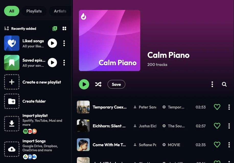 Real Lyra desktop screen showing the library and the Calm Piano playlist