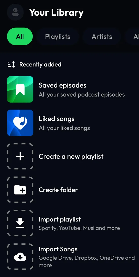 Lyra Library screen with the Import playlist tile