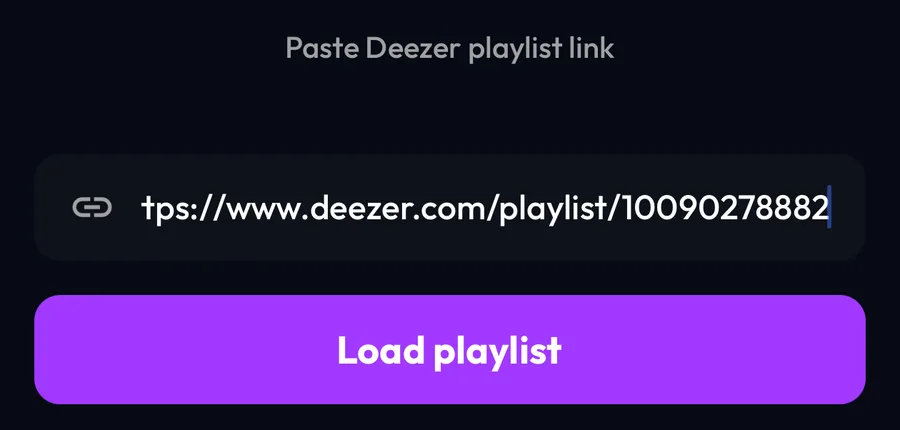 Import from Deezer screen in Lyra with a playlist link pasted