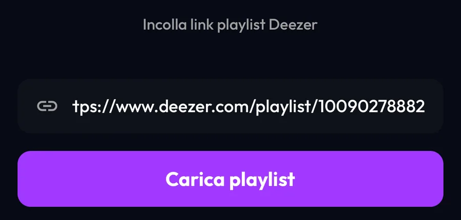 Schermata Importa da Deezer in Lyra con il link di una playlist incollato