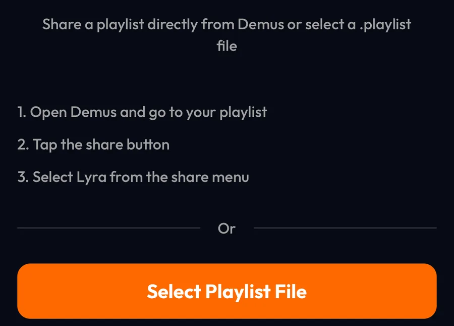 Import from Demus screen in Lyra with the Select Playlist File button