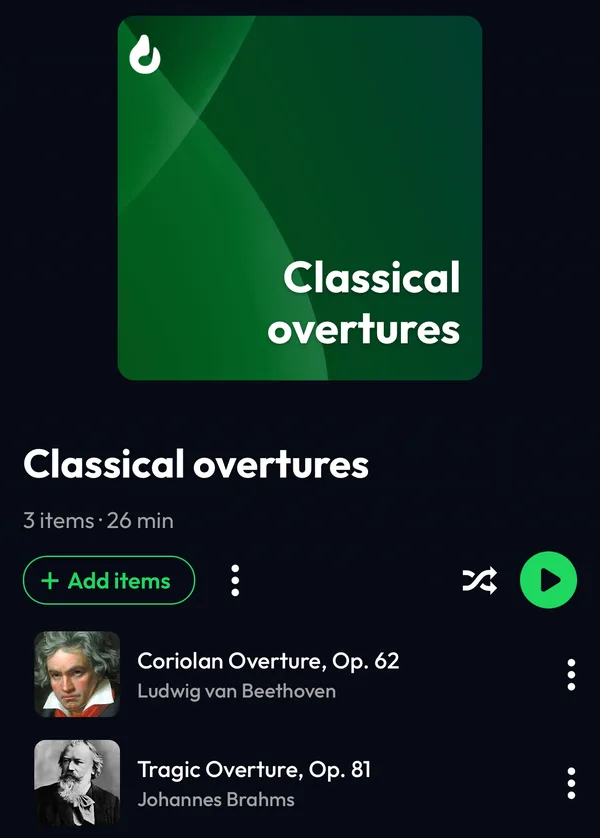 The playlist imported from a Demus file in Lyra, with its cover made by Lyra and the Add items button
