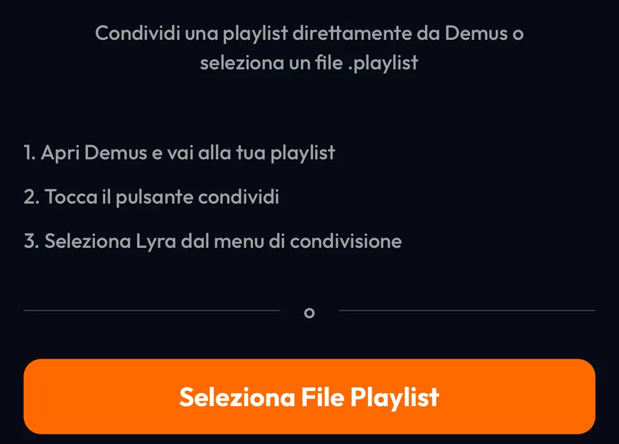 La schermata Importa da Demus in Lyra con il pulsante Seleziona File Playlist