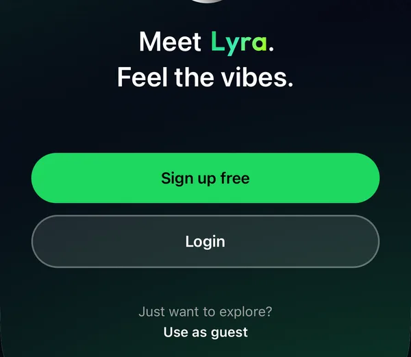 Lyra welcome screen with Sign up free, Login and Use as guest