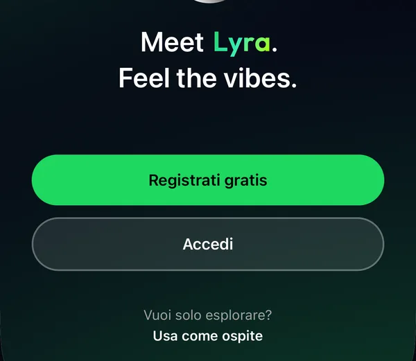 Schermata di benvenuto di Lyra con Registrati gratis, Accedi e Usa come ospite