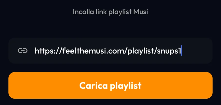 Schermata di importazione da Musi in Lyra con il link di una playlist incollato