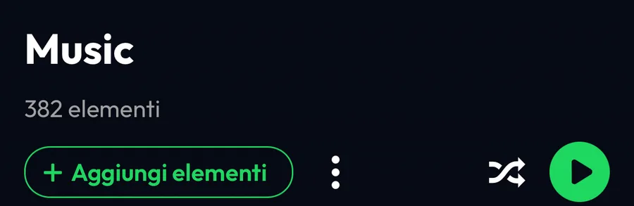 La playlist importata da Musi in Lyra: 382 elementi e il pulsante Aggiungi elementi