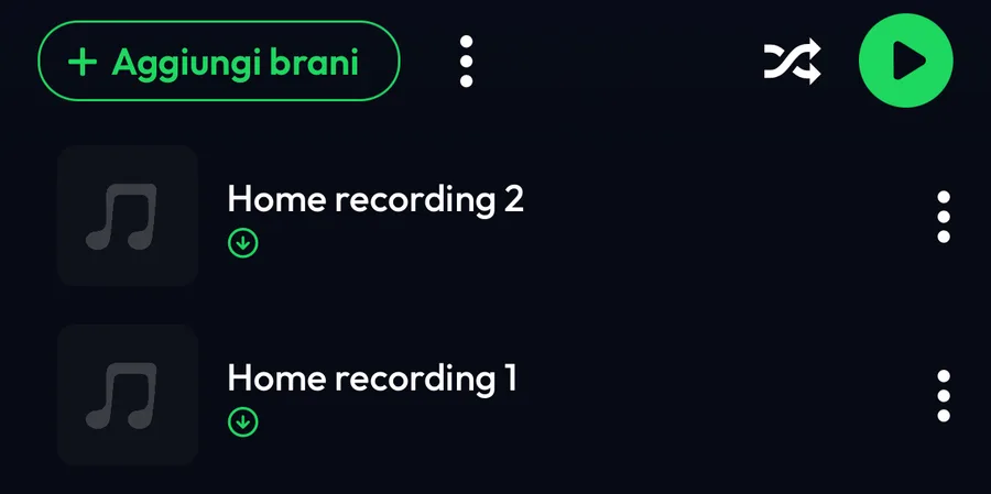 Due file importati in Brani che ti piacciono, in Lyra, ciascuno con il segno di download