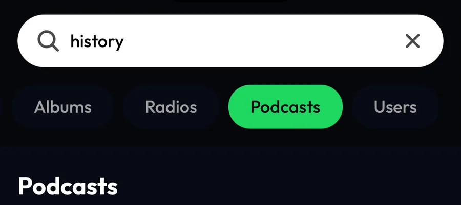 Lyra search with the Podcasts filter selected