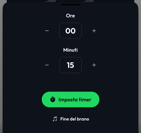 Il Timer riproduzione di Lyra con Ore, Minuti, Imposta timer e Fine del brano