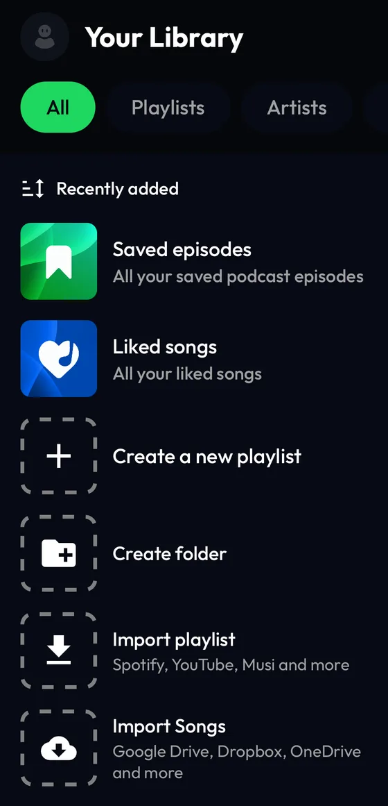 Lyra Library screen with the Import playlist and Import Songs tiles