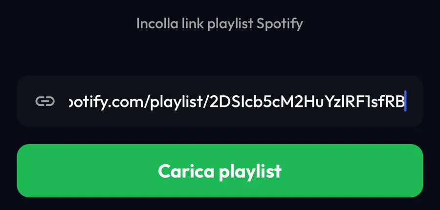 Schermata Importa da Spotify in Lyra con il link di una playlist incollato e il pulsante Carica playlist
