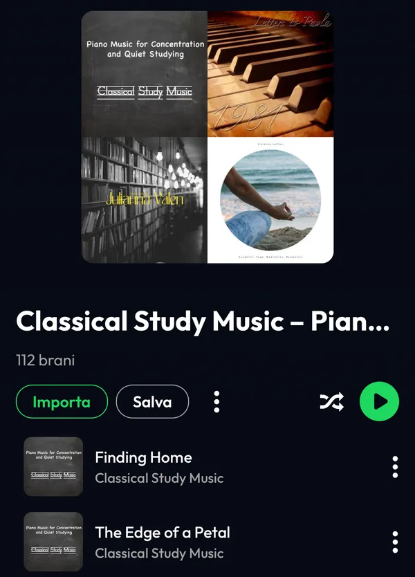 Anteprima in Lyra di una playlist di Spotify da 112 brani con i pulsanti Importa e Salva