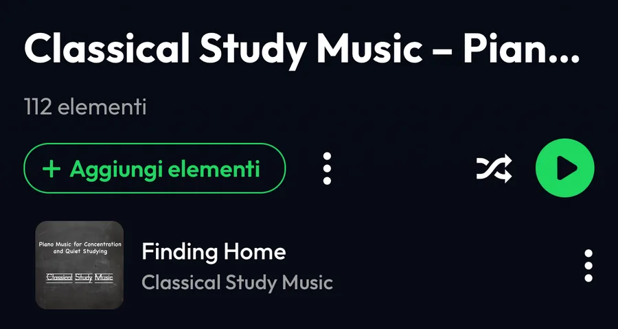 La playlist importata in Lyra: 112 elementi e il pulsante Aggiungi elementi