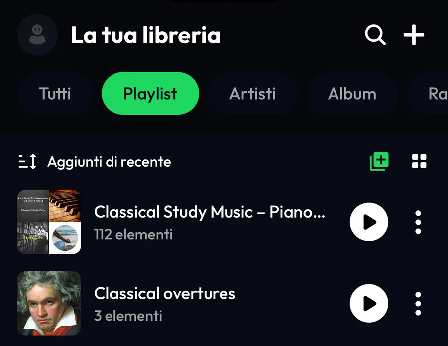 Libreria di Lyra con in cima la playlist importata da 112 elementi