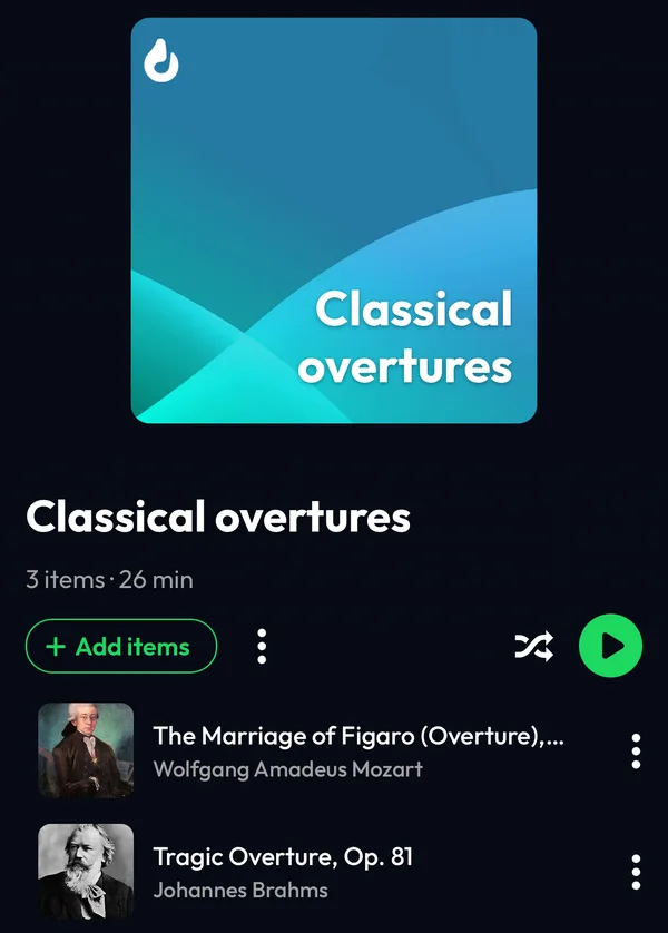 The playlist imported from a Youtify file in Lyra, with its cover made by Lyra and the Add items button