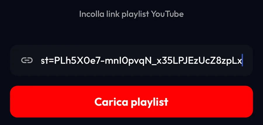 Schermata Importa da YouTube in Lyra con il link di una playlist incollato