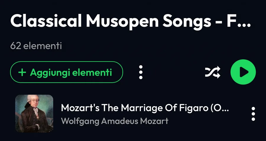 La playlist importata da YouTube in Lyra: 62 elementi e il pulsante Aggiungi elementi